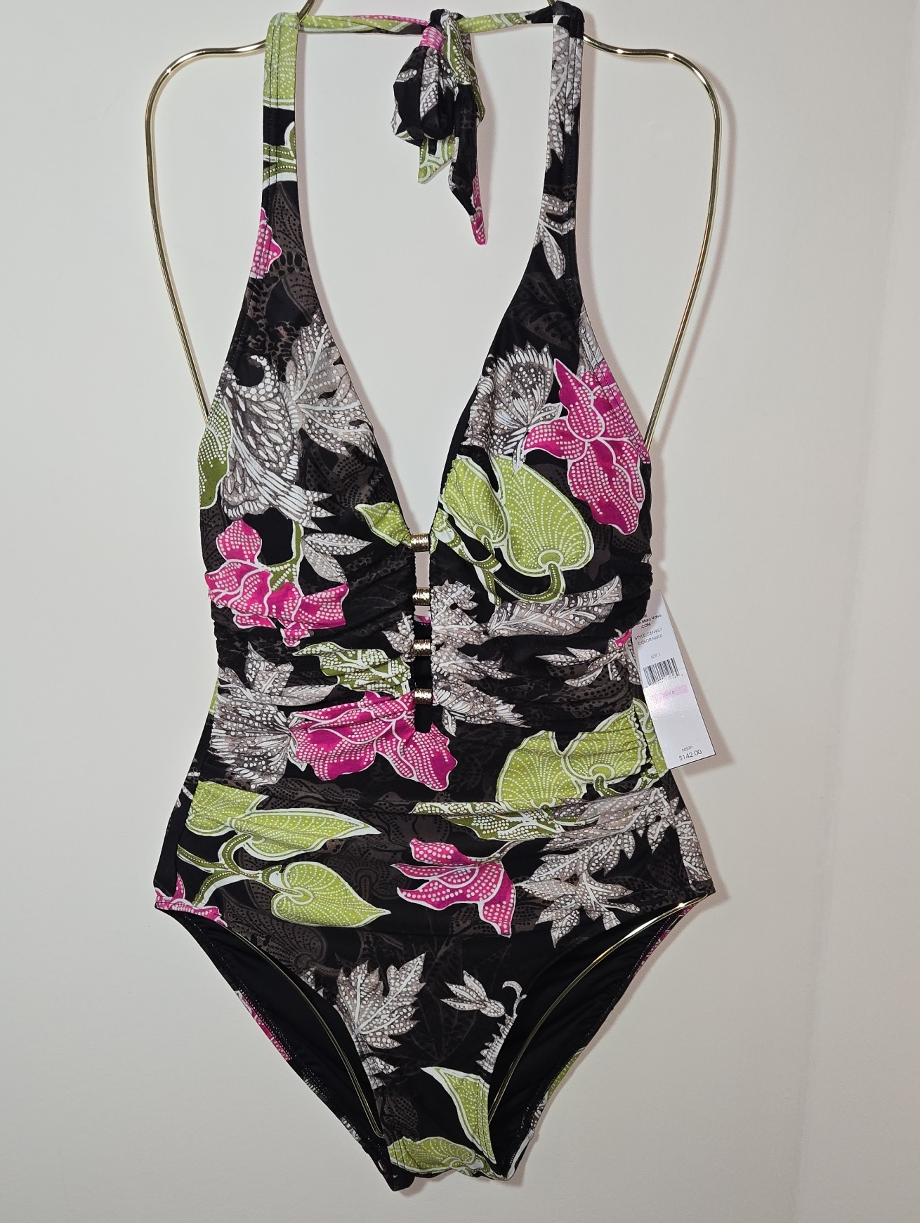 Carmen Marc Valvo Multicolor Floral Halter One-Piece Deep Plunge Neck Nwt Size 6